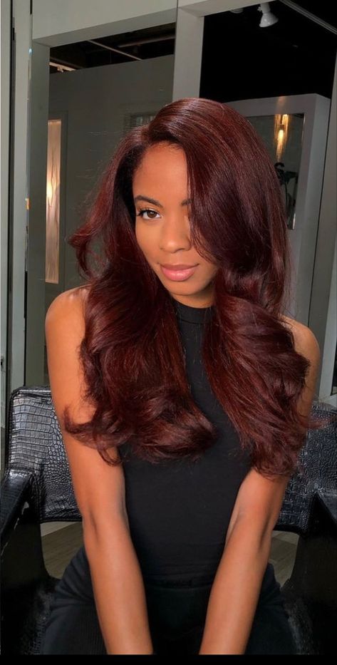 Red Hair Mahogany, Dark Cherry Red Hair Tan Skin, Maroon Business Casual, Red Hair For Medium Skin Tone, Wine Red Hair Tan Skin, Red Hair On Tanned Skin, Red Dark Brown Hair Color, Cherry Cola Hair Black Women, Wine Red Hair Black Women