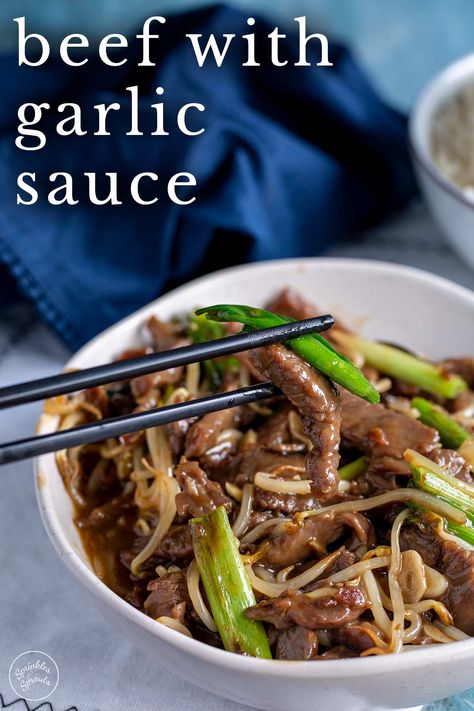 This Chinese Beef with Garlic Sauce is a takeout classic. Tender, soft beef in an easy-to-make Chinese garlic sauce. This recipe uses easy-to-find ingredients to deliver a better than takeout dinner. Ready in under 30 minutes, it is an easy to make dinner that, when paired with rice and some stir-fried veg, makes a healthy Chinese weeknight meal that the whole family will love. Plus, get my tips for delicious tender beef, just like your favorite takeaway. Beef Stir Fry Sauce, Chinese Garlic Sauce, Chinese Beef Recipes, Foreign Recipes, Chinese Dishes Recipes, Chinese Garlic, Sprouts Recipes, Chinese Beef, Healthy Chinese