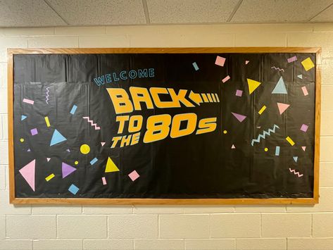 80s Themed Classroom Door, 80s Theme Classroom Bulletin Boards, 80s Themed Bulletin Board, 80s Hallway Decorations, Decades Bulletin Board Ideas, 80s Bulletin Board Ideas, 70s Bulletin Board Ideas, 80s Classroom Theme, Retro Bulletin Board Ideas