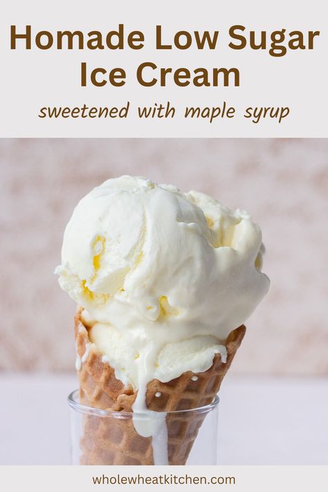 This homemade low sugar ice cream recipe is the perfect sweet treat for warm summer days. It is sweetened with maple syrup so it can be considered a healthier ice cream recipe. Homemade Ice Cream Sugarfree, Low Sugar Homemade Ice Cream, Low Sugar Ice Cream Recipes, Maple Syrup Ice Cream, Healthier Ice Cream, Low Sugar Ice Cream, Health Treats, Low Sugar Dessert Recipes, Healthy Homemade Ice Cream