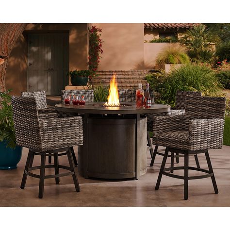 Member's Mark Halstead 7-Piece Balcony Fire Dining Set - Sam's Club Outdoor Dining Table Round, Bar Height Patio Set, Backyard Bars, Balcony Dining, Fire Pit Table Set, Balcony Chairs, Patio Sets, Concrete Texture, Front Office