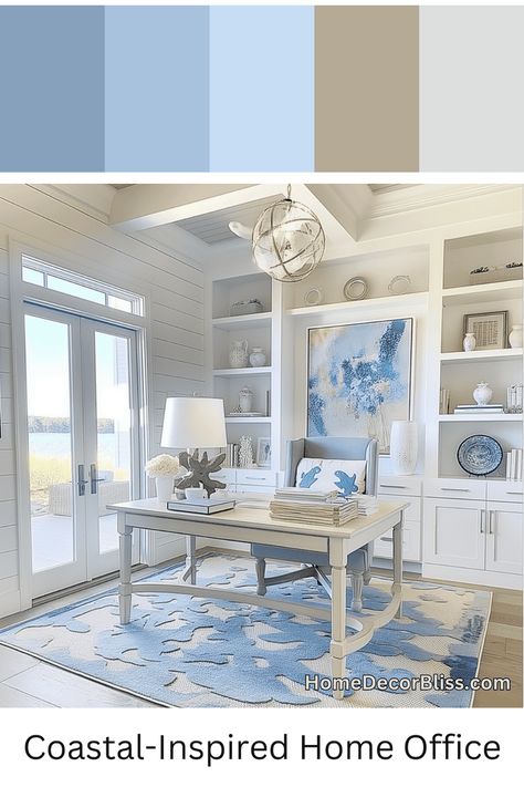 Coastal Game Room Ideas, Blue And White Home Office, White And Blue Office, Coastal Office Ideas, Coastal Home Office, Coastal Color Scheme, Coastal Office, White Home Office, Blue And White Home