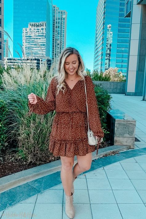 Cute Fall Dress Outfit Dress And Booties Outfit Fall, Dress With Booties Outfit, Cute Fall Dress, Booties Outfit Fall, Booties Outfit, Fall Booties, Brown Polka Dots, Fall Dress Outfit, Style 2023