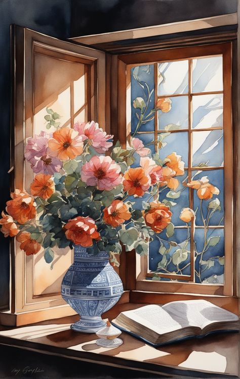 Flowers In Vase Oil Painting, Flower And Vase Painting, Flower In A Vase Painting, Painting Ideas Still Life, Vase Of Flowers Drawing, Flowers In Vase Drawing, Flower In Vase Painting, Still Life Watercolor Paintings, Vase With Flowers Painting