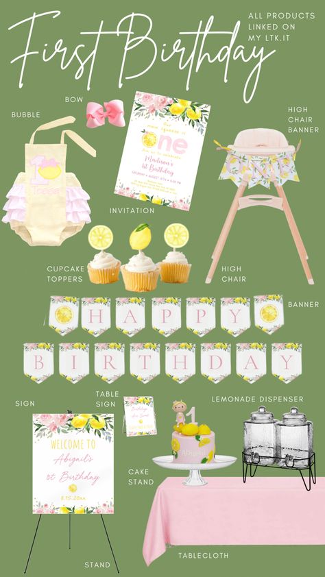 Girls First Birthday Theme, Girl First Birthday Theme, Baby Girl First Birthday Theme, Summer Birthday Ideas, Summer Birthday Party Ideas, Summer Birthday Themes, 1st Birthday Theme, First Birthday Theme, Lemonade Party