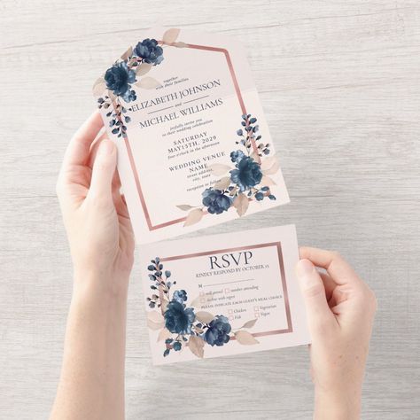 Create the perfect wedding invitation with this trendy design featuring a watercolor rose florals in navy blue and dusty pink, with a rose gold faux foil text box and light pink background. This invitation is an all-in-one format, designed to be posted without an envelope. To remove meal choices, we have create a how-to video for you here: https://youtu.be/ZGpeldQgxoE   Contact designer for matching products. Thank you so much for supporting our small business, we really appreciate it!  We are s Navy Blue And Dusty Rose Wedding Invitations, Navy And Rose Gold Wedding Invitations, Dusty Rose And Navy Blue Wedding Theme, Navy Blue And Dusty Rose Wedding, Rose Gold And Navy Blue Wedding Theme, Light Pink And Navy Wedding, Dusty Blue And Pink Wedding Theme, Dusty Rose And Navy Wedding, Reception Theme