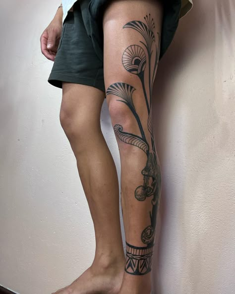 | ✖️Christopher✖️ Leg project for volcano Chris. All freehand. Two days in a row. Inspired by his adventures in Africa, with my aesthetic… | Instagram Abstract Leg Tattoo, Power Line Tattoo, Ornamental Leg Tattoo, Back Leg Tattoo, Volcano Tattoo, Leg Tats, Back Of Leg Tattoos, Ornamental Tattoos, Cuff Tattoo