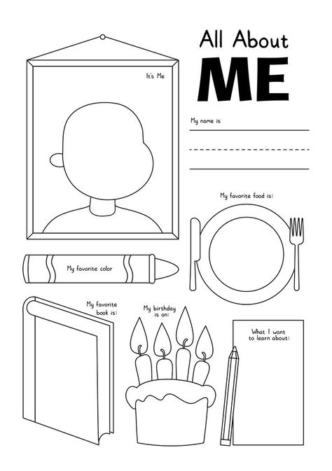 This adorable All About Me worksheet is perfect for Kindergarten students to dive into self-expression and creativity. Simply print and enjoy a fun activity that allows kids to share their favorite things and create a piece of personal artwork at the same time. Get your free printable now and let the kids have a blast! #KindergartenActivities #PrintableWorksheets #AllAboutMeWorksheet #freeprintableall What Makes Me Me Activity, Back To School About Me Printables, All About Me Backpack Template, Back To School All About Me Printable, About Me Design, About Me Worksheet, Me Worksheet, Free Kindergarten Printables, All About Me Printable