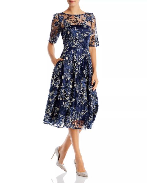 Eliza J Short Sleeve Illusion Yoke Dress | Bloomingdale's Blue Mother Of The Bride Dress Short, Mother Of The Groom Dresses Blue, Modest Clothes, Yoke Dress, Eliza Dress, Mother Of Groom Dresses, Party Fits, Groom Dresses, Eliza J Dresses