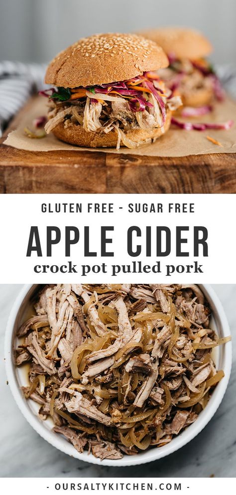 This apple cider pulled pork recipe is easy autumn meal prep at its most delicious. It's ready to cook in just 20 minutes and perfect for sandwiches, salads, lunch prep, or a freezer stash. Toss it with no mayo coleslaw for a paleo dinner, or tuck into gluten free buns or lettuce wraps. There are so many ways to enjoy this easy, flavorful paleo, gluten free recipe. Bonus - it's kid friendly too!! #paleo #whole30 #glutenfree #pork #dinner #crockpot #slowcooker #pulledpork Cider Pulled Pork, Apple Cider Pulled Pork, Salads Lunch, Crock Pot Pulled Pork, Slow Cooker Apple Cider, Dinner Crockpot, Paleo Gluten Free Recipes, Pork Recipes For Dinner, Lunch Prep