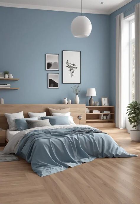 Aesthetic Wall Paint Colors, Bedroom Colour Palette Blue, Simple Room Color Ideas, Bedroom Paint Colour Ideas, Scandi Blue Bedroom, Dusty Blue Interior Design, Calm House Decor, Light Blue Bedroom Color Schemes, Blue Calm Bedroom