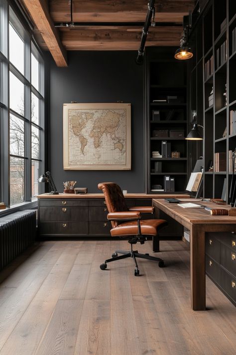 Create the perfect home office with these decor ideas and inspirations. Architects Home Office, Masculine Dark Office, Manly Office Design, Moody Office With Fireplace, Black And Light Wood Office, Moody Office Desk, All Wood Office, Oak Office Ideas, Masculine Office Rug