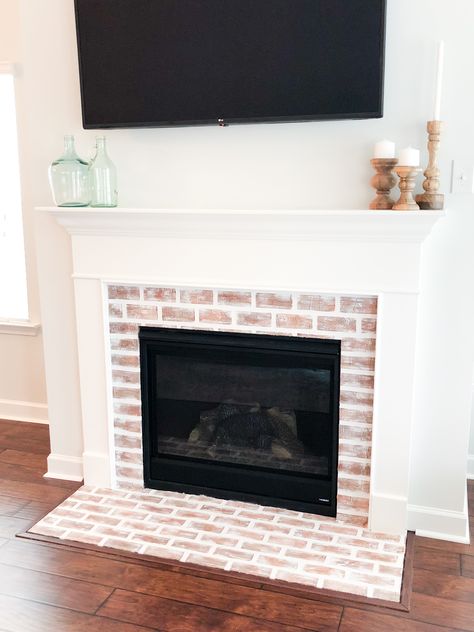 Faux Brick Fireplace Wall, Brick Tile Fireplace, Diy Faux Brick Fireplace, Brick Fireplace Diy, Faux Brick Fireplace, Fireplace Faux, Fake Brick, Red Brick Fireplaces, Fireplace Diy