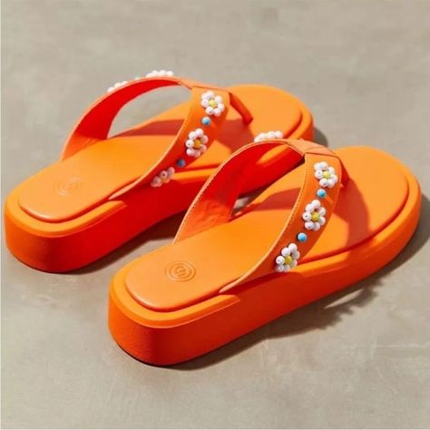 Nwt Urban Outfitters Embellished Thong Flip Flops Sandals In Orange Brand New With Tags. Size 8. Orange Flip Flops, Pink Platform Sandals, Gladiator Shoes, Rope Sandals, Leopard Sandals, Urban Outfitters Shoes, Block Sandals, Urban Outfitters Women, Buckled Flats