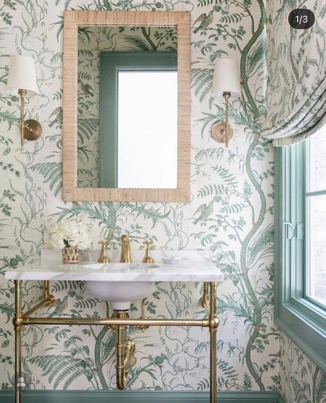 Thistle Wallpaper, Wallpaper Powder Room, Powder Room Wallpaper, Tropical Bathroom, Glam Pad, Sandberg Wallpaper, Powder Room Design, Chinoiserie Chic, Half Bathroom