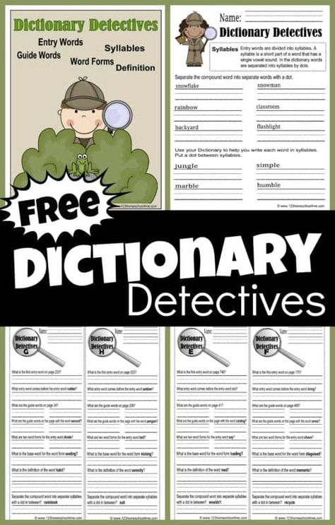 FREE Dictionary Detectives Printables for teaching dictionary skills to 3rd graders, 4th graders, 5th graders, and 6th grade students. #dictionary #worksheetsforkids #grade3 #grade4 #homeschool Dictionary Skills Activities, Dictionary Worksheets, Dictionary Activities, Homeschool Summer, Homeschool Tools, Math Minutes, Instructional Activities, Word Games For Kids, Text Structures