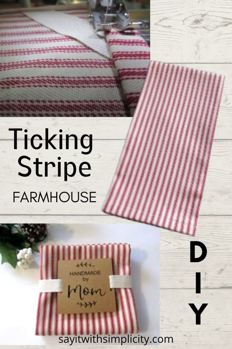 If you love farmhouse, you'll love this ticking strip towel. Learn how to make your own in this DIY tutorial. Making Tea Towels, Homemade Towels, Tea Towel Diy, Diy Tea Towels, Towel Gift Ideas, Diy Dish Towels, Knit Quilt, Tea Towels Diy, Cute Farmhouse