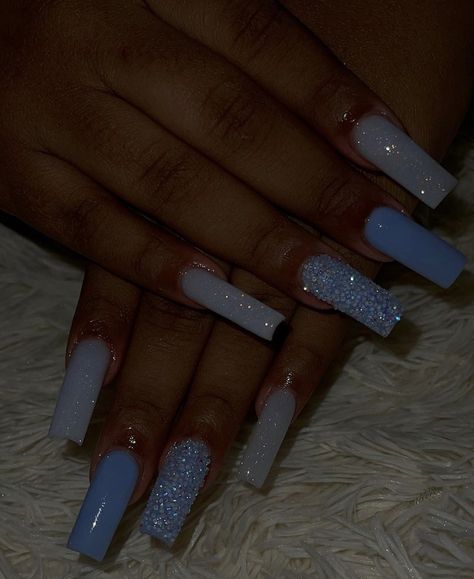 Winter Nails Blue Acrylic, Light Blue Butterfly Nails Acrylics, Birthday Nails Coffin Glitter, Light Blue Prom Nail Ideas, Glitter Blue Nail Designs, Nail Ideas Acrylic Light Blue, Baby Blue Glitter Acrylic Nails, Hoco Nails Blue And Silver, Full Colored Nails