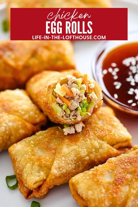 Crispy Chicken Egg Rolls with a homemade sweet and sour sauce. Egg Roll Meals, Spring Rolls With Chicken, Egg Roll Wrapper Recipes Chicken, Wonton Egg Rolls, Spring Egg Rolls Recipe, Easy Chicken Egg Rolls, Chicken Fajita Egg Rolls, Eggroll Recipe Chicken, Jack In The Box Egg Rolls Recipe