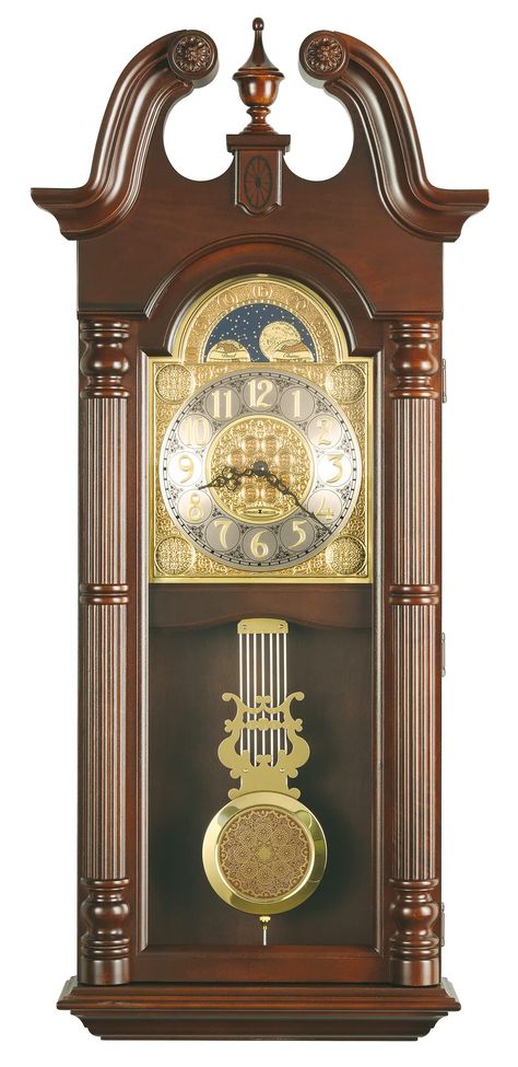 PRICES MAY VARY. WALL CLOCK: This Maxwell Wall Clock is finished in decadent Windsor Cherry on select hardwoods and veneers to compliment your home decor. Includes a swan neck pediment with rosette accents, turned finial, and a decorative keystone in the center. DURABLE: This elegant clock has a sturdy frame featuring a polished brass finished glossy dial with midnight blue finished fixed moon phase and silver chapter ring. A hinged glass door reveals a polished brass-finished lyre pendulum insi Chiming Wall Clocks, Howard Miller Wall Clock, Traditional Wall Clocks, Farmhouse Wall Clock, Diy Wall Clock, Howard Miller, Swan Neck, Custom Storage, Pretty Decor