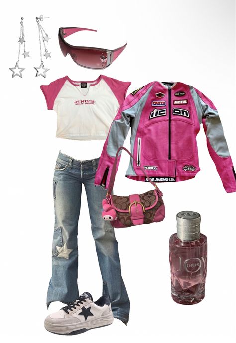 styling race car pink leather jacket💗 Pink Racer Outfit, Race Car Aesthetic Outfits, Pink Racer Jacket, Race Jacket Outfit, Racing Jacket Women, Race Car Jacket Outfit, Racer Jacket Outfit Women, Pink Leather Jacket Outfit, Racecar Jacket