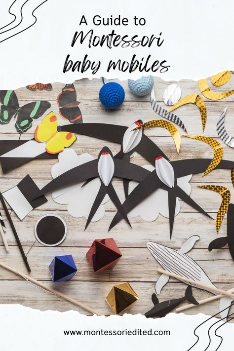 A photo of all seven Montessori Baby mobiles in a flat lay style. Montessori Mobiles By Age, Diy Nursery Mobile How To Make, Mobile Bebe Diy, Mobile Baby Diy, Montessori Baby Diy, Montessori Mobile Diy, Diy Mobile Baby, Homemade Baby Mobiles, Diy Crib Mobile