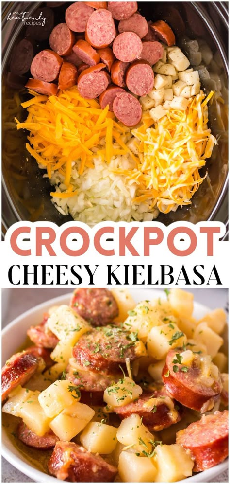 Meals To Make With Kielbasa, Simple 4 Ingredient Meals, Simple Cheap Crock Pot Meals, Crockpot Cheesy Kielbasa And Potatoes, Kielbasa Crockpot Recipes Slow Cooker, Crockpot Cheesy Potatoes And Kielbasa, Potato Kielbasa Crockpot, Easy Crockpot Meals For Picky Eaters, Beginner Crockpot Recipes