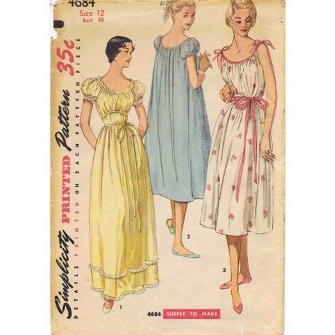 Simplicity 4684 Vintage Sewing Pattern Womens Nightgown Womens Nightgown, Nightgown Pattern, 1950s Sewing Patterns, Classic Clothes, Gown Pattern, Vintage Nightgown, Vintage Dress Patterns, Nighty Night, 1950s Style