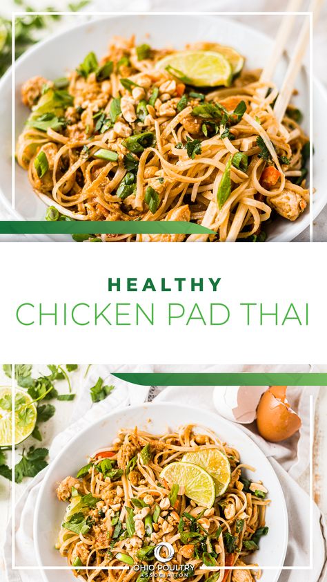 Healthy Chicken Pad Thai Healthy Dinner Recipes Thai, Healthier Pad Thai, Easy Healthy Dinner Recipes Casseroles, Low Calorie Chicken Pad Thai, High Protein Chicken Pad Thai, Healthy Thai Chicken Recipes, Healthy Chicken Dinner Meal Prep, Healthy Lean Chicken Recipes, Healthy Thai Recipes Clean Eating