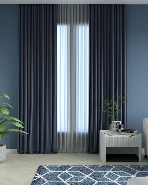 Blue Curtains Bedroom, Dark Grey Curtains, Dark Blue Curtains, Dark Blue Rooms, Light Blue Curtains, Blue And White Curtains, Curtain Designs For Bedroom, Blue Kitchen Walls, Blue Walls Living Room