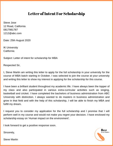 Letter of Intent for Scholarship Template – Format, Sample & Example Cover Letter For Scholarship Application, Scholarship Application Letter Sample, Letter Of Intent For Scholarship, Personal Statement For Scholarship, Recommendation Letter For Scholarship, Application Letter For Scholarship, Writing An Application Letter, Scholarship Essay Examples, Motivation Letter