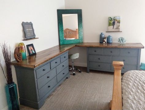 Two Dressers Combined To Make A Desk Dresser In Corner Of Bedroom, Wood Burning Sauna, Corner Dresser, Dresser Flip, Makeup Corner, Dresser Flips, Kids Clothes Storage, Corner Drawers, Sauna Diy