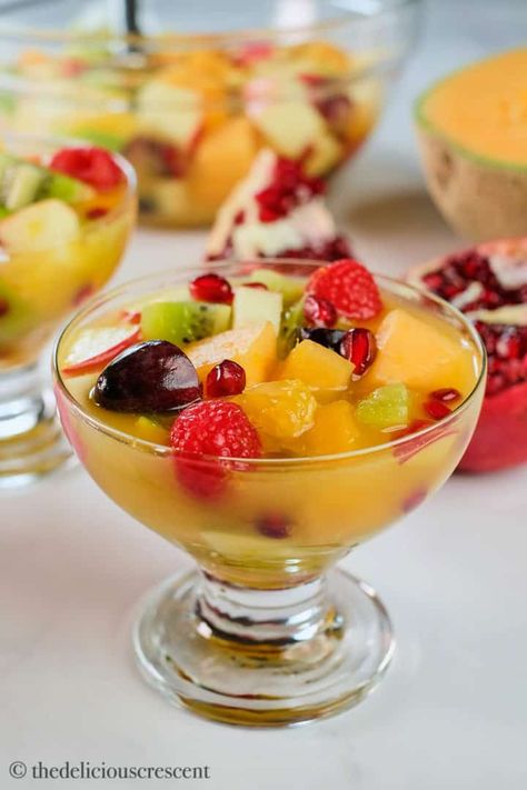 Fresh fruit salad with orange honey dressing is an amazingly refreshing and satisfying dessert. A variety of fruit flavors and textures with loads of orange juice is an experience you are sure to love. This healthy, easy and gluten free recipe is great for summer and holidays. #fruitsalad #honeycitrus #fruitdessert Orange Fruit Salad, Fruit Salad Dressing, Best Summer Desserts, Salads Ideas, Dressing For Fruit Salad, Salad Aesthetic, Salad Recipe Ideas, Grain Free Desserts, Resep Salad