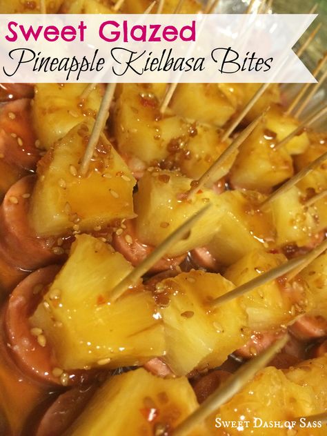 March 2015 102 Pineapple Kielbasa, Pineapple Appetizers, Kielbasa Appetizer, Glazed Pineapple, Kielbasa Bites, Bacon Wrapped Sausages, Super Easy Appetizers, Vegetable Pie, Candle Ribbon