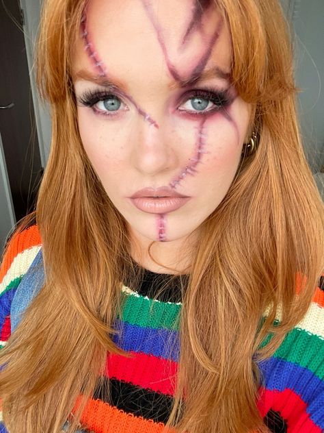 Chunky Makeup Halloween, Chucky Shirt Outfit, Girl Chucky Halloween Costume, Cute Chucky Makeup, Halloween Chucky Makeup, Cute Chucky Costume Women, Women Chucky Costume, Chucky Costume Makeup, Chucky Makeup Female Easy