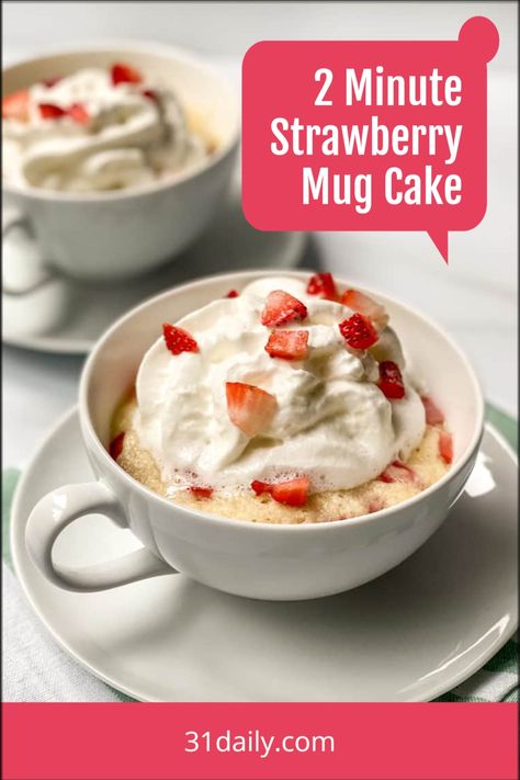 This 2 Minute Strawberry Mug Cake is a sweet microwave treat that brings to mind, Strawberries and Cream. And the reminder that the strawberry season isn’t too far off. Strawberry Dessert For One, Single Serve Strawberry Desserts, Strawberry Cake In A Cup, Mug Cake Strawberry, Strawberry Mug Cake Microwave, Small Strawberry Cake, Microwave Desserts In A Mug, Mug Desserts Microwave, Strawberry Microwave