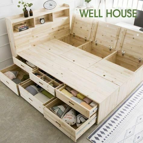 Diy Bed Frame, Woodworking Plans Diy, Diy Holz, Bed Frame With Storage, Bed With Drawers, Woodworking Plans Free, Space Saving Furniture, Wooden Bed, Storage Bed