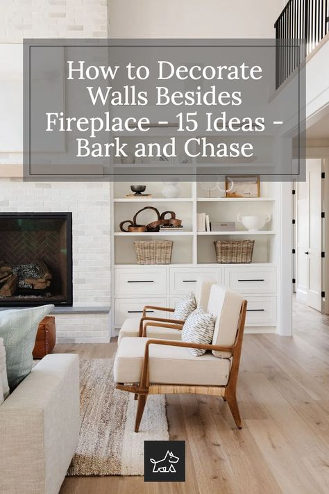 Most living rooms are designed around a fireplace, making it the room’s focal point. Therefore, it’s important to make good use of the space surrounding and adjacent to it. When we look at a fireplace, our eyes are drawn to the space immediately on each side of it. This is why the walls on either side of the fireplace are a great way to draw the eye and make a statement. Shelves Around Fireplace With Tv, How To Style Sides Of Fireplace, How To Decorate On Either Side Of Fireplace, Fireplace With Art On Both Sides, How To Create A Fireplace Wall, Wall Decor Sides Of Fireplace, Styling Bookshelves Next To Fireplace, Decorate Next To Fireplace, Fireplace Wall Ideas With Tv On Side