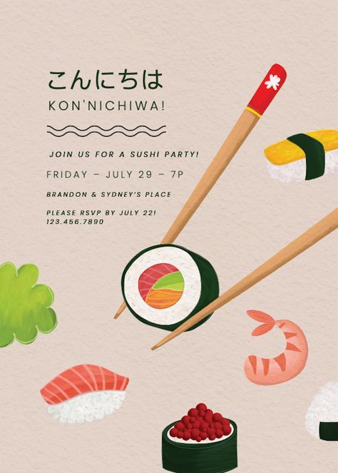 Sushi Party Invitation, Sushi Party Decorations, Sushi Invitation, Asian Party Themes, Pancake Shop, Free Party Invitations, Party Invitation Design, Asian Dinner, Asian Party