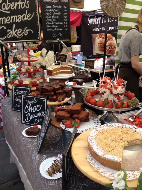 Cake stall at Camden Lock Market, London  Love the use of strawberries for extra colour! Cake Market Stalls, Baking Stall Display Ideas, Food Market Stall Display Ideas, Bakery Stall Display, Market Stall Display Ideas Food, Cake Stall Display Ideas, Cake Stall Ideas, Food Stall Ideas, Stall Display Ideas