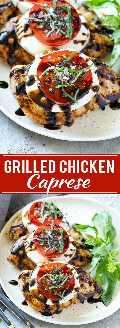 This recipe for chicken caprese is grilled seasoned chicken, topped with fresh mozzarella, ripe tomatoes, basil and balsamic reduction. A quick and easy dinner that's easy enough for a busy weeknight but special enough to serve to company! Chicken Caprese, Chicken Grilled, Seasoned Chicken, Recipe For Chicken, Caprese Chicken, Balsamic Reduction, Grilled Chicken Recipes, Think Food, Ripe Tomatoes