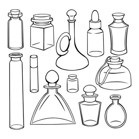 Different Bottle Shapes, How To Draw A Potion Bottle, Potion Bottle Clipart, Potion Bottles Drawing, Potion Drawing, Bottle Reference, Potion Illustration, Free Coloring Pages For Kids, Planner Doodles