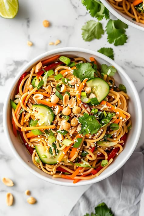 This Asian noodle salad is the perfect refreshing side dish! Packed with tender noodles and crisp veggies in a creamy peanut dressing, it's to die for. Egg Noodle Salad, Asian Noodle Bowl, Asian Noodle Salad Recipe, Peanut Noodle Salad, Peanut Butter Salad, Noodle Salads, Summertime Food, Thai Noodle Salad, Food Rotation