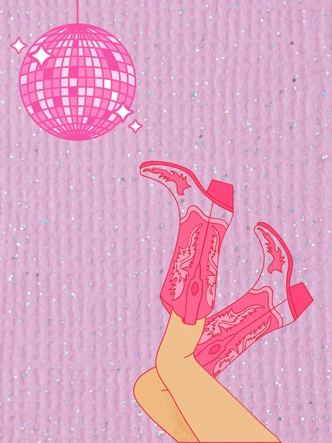 Pink cowgirl poster with disco Disco Cowgirl Background, Girly Cowgirl Aesthetic, Pink Cowgirl Aesthetic Wallpaper, Disco Cowgirl Wallpaper, Pink Cowgirl Wallpaper, Dorm Poster Wall, Pink Sparkly Background, Disco Cowgirl Aesthetic, Cowgirl Background