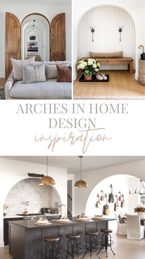 Arches in Home Design - Arch Architecture Inspiration - Interior Design - Modern Farmhouse - Arched Vent Hood - Arched Door Way - Arch Door Way Half Arch Wall Decor, Arched Nook Ideas, Arches In Modern Architecture, Arches Inside House, Home With Arches Interior, Arched Wood Doors Interior, Arched Doors Interior Hallways, Arc House Design, Wide Archways In Homes