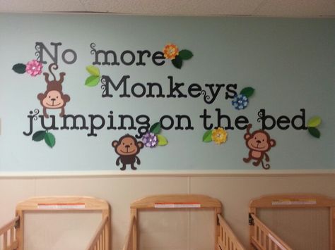 Monkey display for my infant room at my school.  Made it with Cricut. Infant Room Wall Decor Daycare, Infant Classroom Setup, Baby Classroom Ideas Daycares, Daycare Baby Room Ideas, Daycare Infant Room Ideas, Infant Room Daycare Decorations, Infant Room Bulletin Boards, Infant Classroom Decorations, Infant Bulletin Board