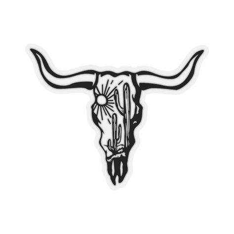 Texas Long Horn Tattoo For Women, Cute Country Stickers, Cattle Skull Tattoos For Women, Cute Western Stickers, Western Stickers Printable, Longhorn Tattoo Simple, Western Sticker Sleeve Tattoo, Cattle Skull Tattoo, Longhorn Skull Drawing