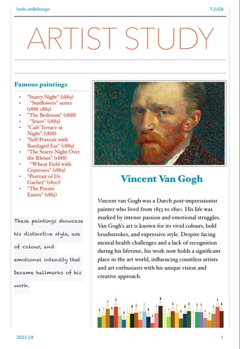 Vincent van Gogh was a Dutch post-impressionist painter who lived from 1853 to 1890. His life was marked by intense passion and emotional struggles. Van Gogh's art is known for its vivid colours, bold brushstrokes, and expressive style. Despite facing mental health challenges and a lack of recognition during his lifetime, his work now holds a significant place in the art world, influencing countless artists and art enthusiasts with his unique vision and creative approach. Van Gogh Gcse Art Page, Van Gogh Gcse Art, Vincent Van Gogh Research Page, Vincent Van Gogh Gcse Art Page, Vincent Van Gogh Artist Research Page, Mental Health Artists Gcse, Van Gogh Artist Research Page, Art Gcse Sketchbook Ideas, Art History Worksheets