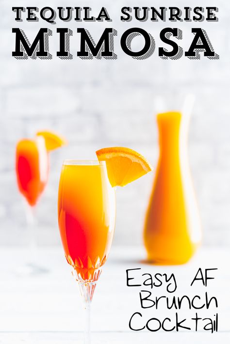 Brunch Tequila Drinks, Tequila Sunrise Mimosa, Tequila Brunch Cocktails, Sunrise Mimosa Recipe, Mexican Mimosa Recipe, Mexican Brunch Drinks, Tequila Mimosa, Brunch Cocktails Easy, Brunch Margaritas