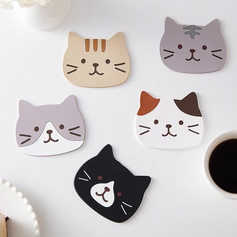 Decor For Coffee Bar, Funny Cup, Cat Cup, Clean Decor, Cute Cat Face, Silicone Coasters, Funny Cups, Absorbent Coasters, Rubber Face